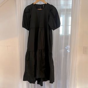 Zara Poplin Tiered Black Midi Dress with Pockets Size Small
